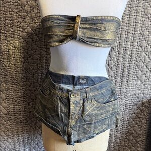 D&G Women's Metallic Gold and Dark Blue Jean Shorts and Top